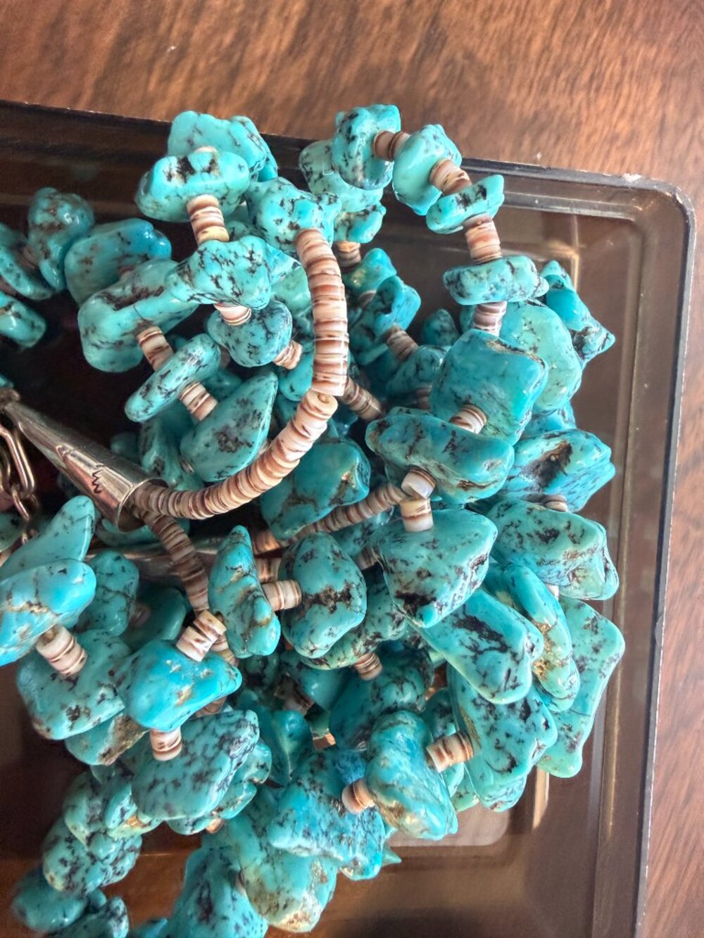 Navajo Indian 2 Strand Turquoise Stone & Shell Heishi Necklace. 136 Grams - Picture 4 of 11